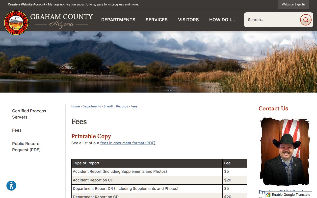 Graham County sheriff arrest records fee and payment information