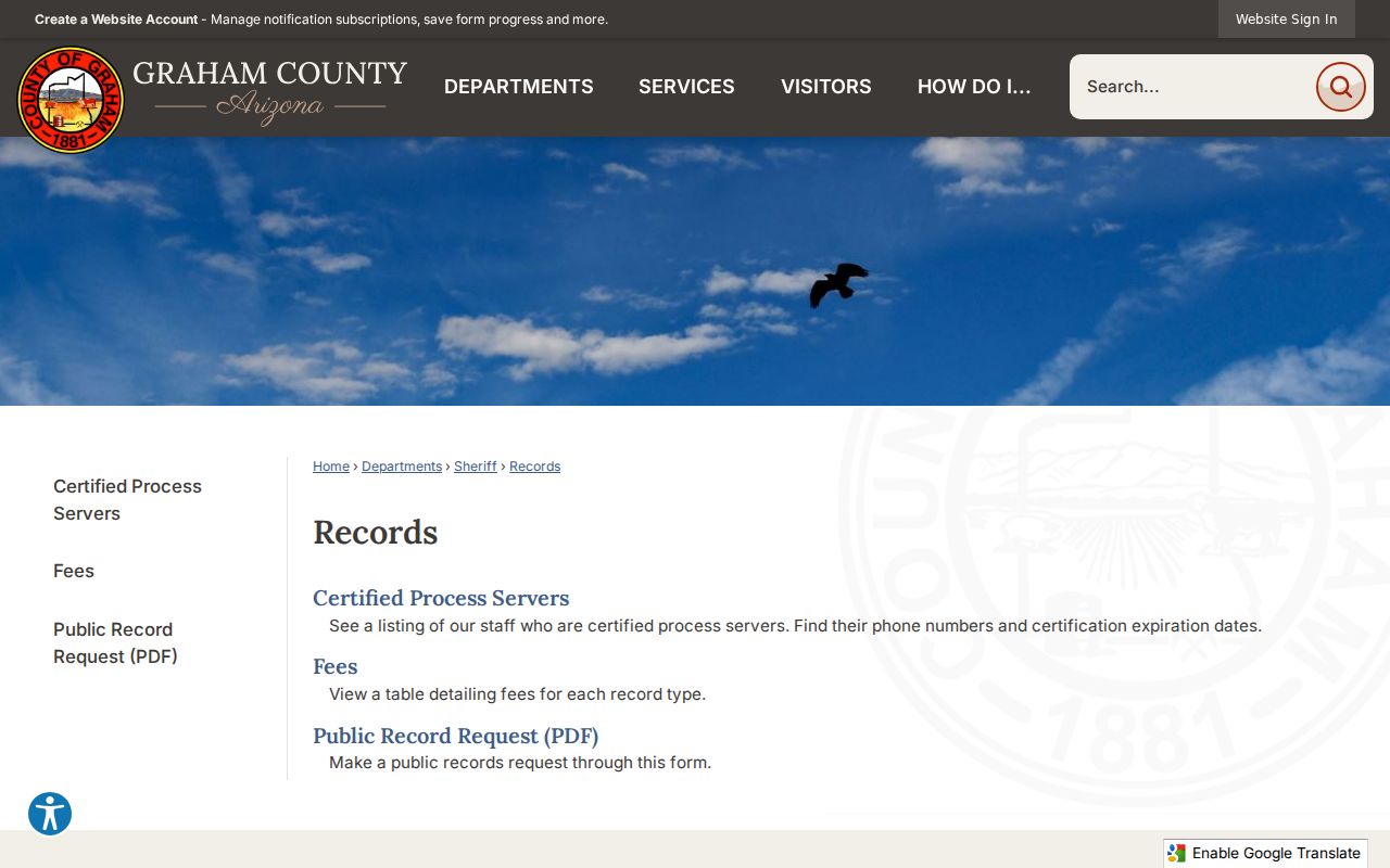 Graham County Sheriff's Records page for arrest history requests