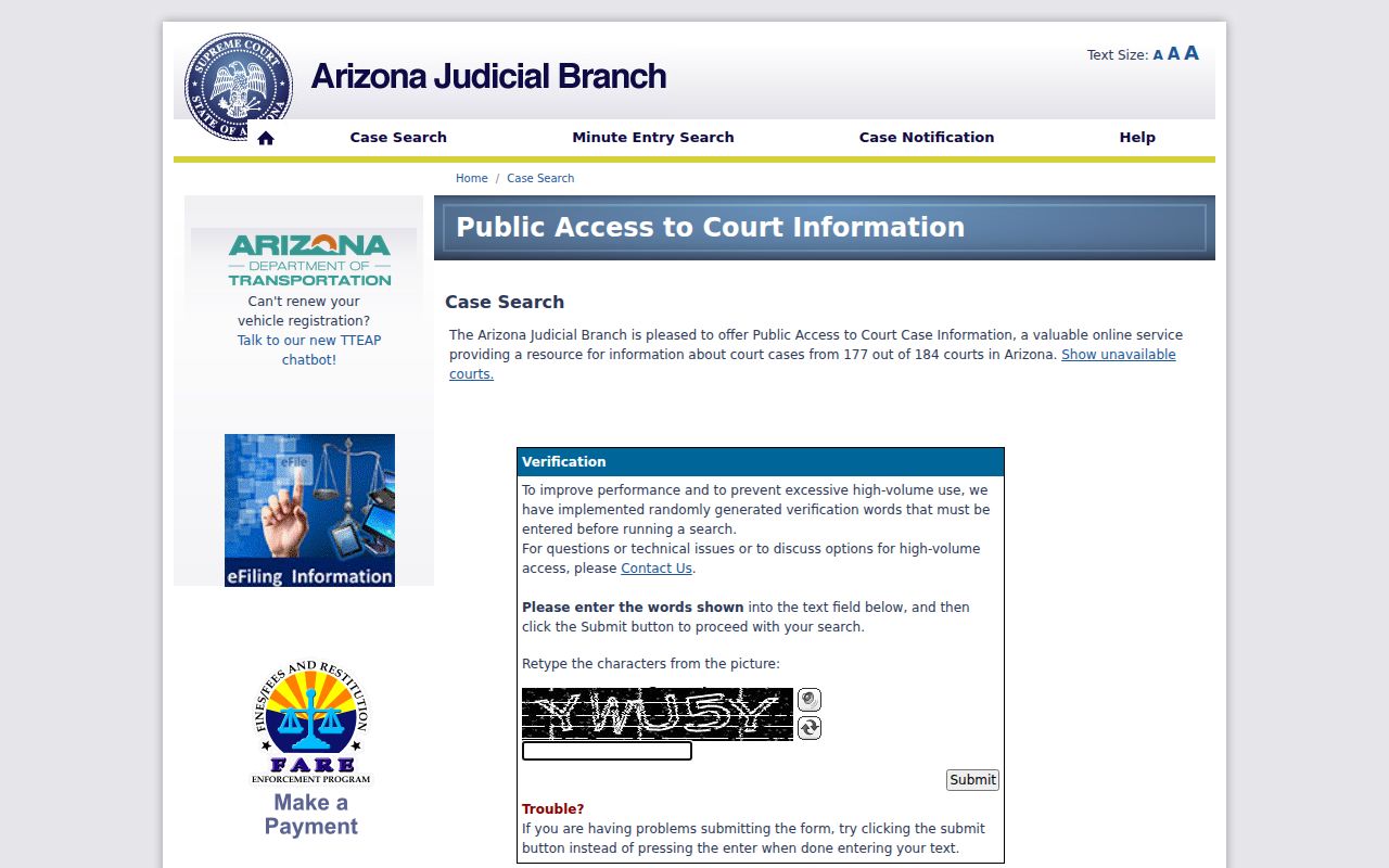 Arizona Public Access search for Graham County criminal court cases