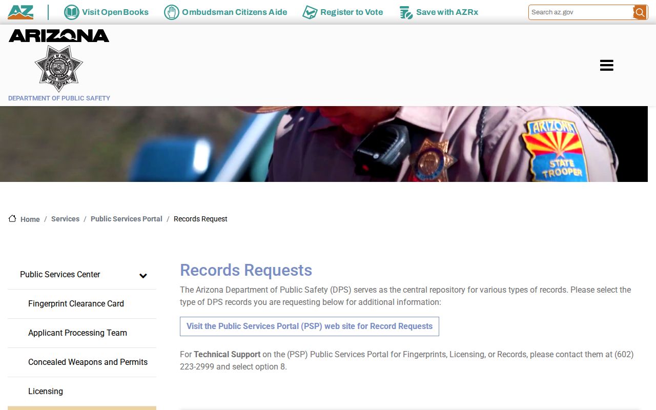Arizona DPS Graham County criminal history record review page