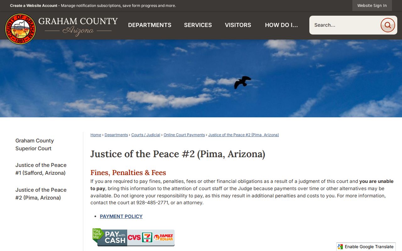 Pima Justice Court page for Pima criminal history in Graham County