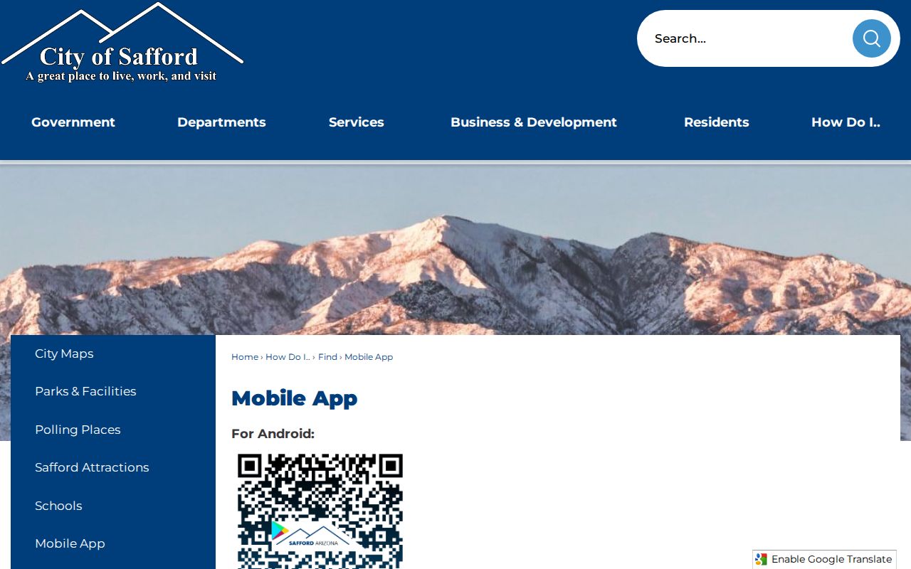 Safford city mobile app page showing city services rather than criminal record search