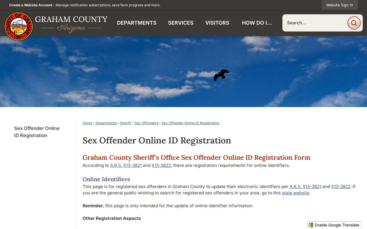 Graham County online identifier registration page for sex offender compliance